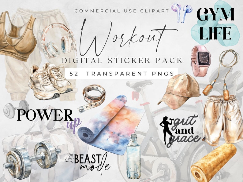 May include: A digital sticker pack with watercolor illustrations of fitness and gym equipment. The pack includes a yoga mat, dumbbells, a water bottle, a gym bag, a pair of sneakers, a watch, a jump rope, a pair of headphones, a cap, a pair of shorts, and a motivational quote. The text "Gym Life" and "Workout" are also included in the pack.