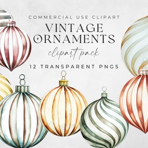 Clipart de enfeite pendurado, clipart de enfeite de natal em aquarela, enfeites de natal vintage e retrô, enfeite redondo PNG, clipart de férias