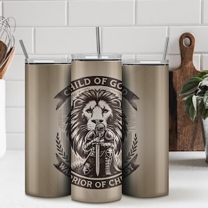 Kind des Gottes Tumbler Wrap, christlicher Krieger von Christus Lion PNG, sauberer, einfacher 20 Unzen Skinny Tumbler, gerades und sich verjüngendes Sublimationsdesign