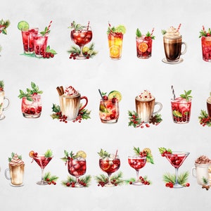 May include: Watercolor illustrations of 25 different holiday drinks, including cocktails, coffee, and hot chocolate. The drinks are decorated with cranberries, holly, and other festive elements.