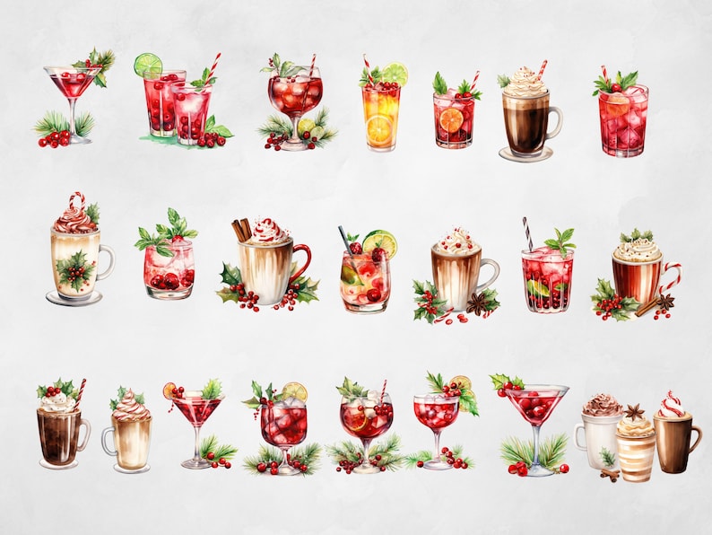 May include: Watercolor illustrations of 25 different holiday drinks, including cocktails, coffee, and hot chocolate. The drinks are decorated with cranberries, holly, and other festive elements.