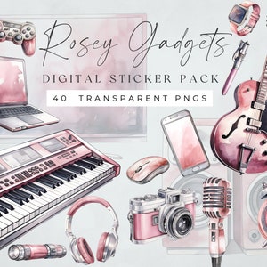 Digitale gadgetsticker, png-bestanden met digitale stickers, roze clipart, roségoudkleurig stickerpakket, plannerstickers, Goodnotes-stickers