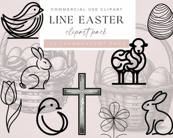 Easter Bunny Clipart Black and White, Cute Rabbit Silhouette, Chick Clip Art PNG, Happy Easter, Line Art Cross & Flowers, Easter Baskets