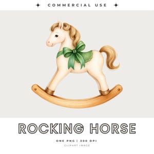 Può includere: Illustrazione ad acquerello di un cavallo a dondolo color crema con criniera e coda marrone chiaro. Il cavallo ha un fiocco verde e poggia su una base di legno. Il testo "ROCKING HORSE" è sotto.