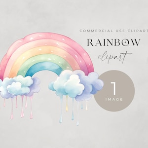 Arc-en-ciel mignon avec des nuages, des cliparts aquarelle, une seule image, pour un usage commercial, des idées de baby shower, téléchargement numérique pour décoration de chambre d'enfant