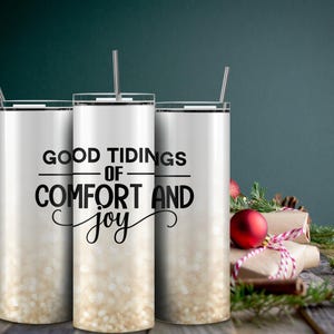 Envoltorio para vaso navideño cristiano, vaso delgado de 20 oz, sublimación PNG, diseño limpio y simple, opciones rectas y cónicas, alegría con purpurina dorada