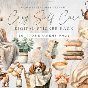 Acquerello Cozy Self Care, Adesivi digitali per il relax, File PNG pretagliati, Grafica per planner, Estetica Cottagecore, Foglio Goodnotes
