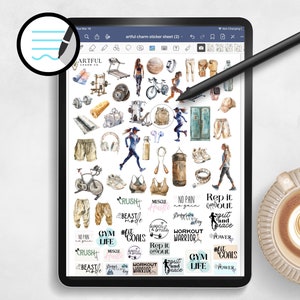 May include: A digital tablet screen displaying a sheet of colorful stickers with fitness-themed illustrations and text. The stickers feature images of weights, treadmills, yoga mats, and other gym equipment. The text includes phrases like "Crush it", "Beast Mode", "Gym Life", and "Workout Warrior".