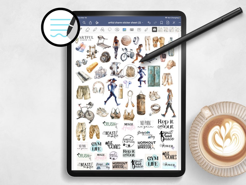 May include: A digital tablet screen displaying a sheet of colorful stickers with fitness-themed illustrations and text. The stickers feature images of weights, treadmills, yoga mats, and other gym equipment. The text includes phrases like "Crush it", "Beast Mode", "Gym Life", and "Workout Warrior".