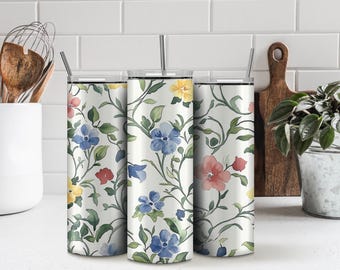 Floral Tumbler Wrap: Sage Green Pastel Flowers, Seamless Design (PNG)