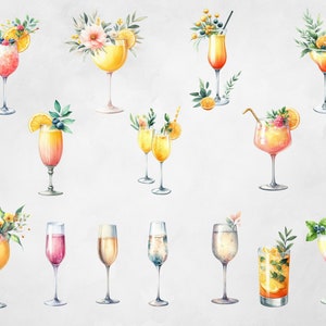 May include: A collection of watercolour illustrations of various cocktails and champagne glasses. The glasses are decorated with flowers, fruit, and berries. The illustrations are perfect for adding a touch of elegance to any design project.