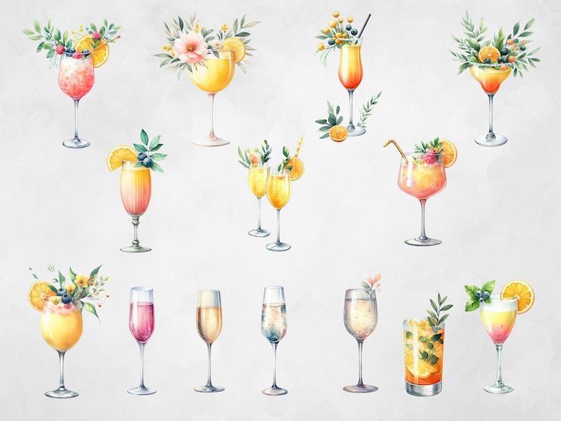 May include: A collection of watercolour illustrations of various cocktails and champagne glasses. The glasses are decorated with flowers, fruit, and berries. The illustrations are perfect for adding a touch of elegance to any design project.