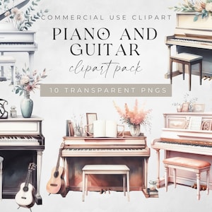 Piano clipart aquarel, vintage aquarel pianist illustraties, gitaar muzikale clipart, ongewenste dagboek, instrumenten illustraties, papier ambachtelijke