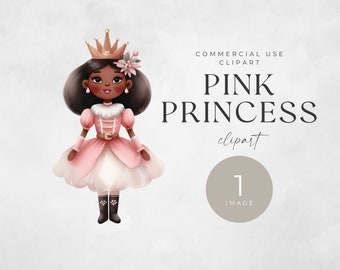 Fairytale Princess Clipart, SINGLE IMAGE, Fantasy Pink Commercial Use Watercolor Png, Digital Download, Cute Pink African American Clip Art