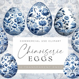 Chinoiserie clipart, Easter Egg ontwerpen illustraties, blauwe Chinoiserie eieren PNGs, commercieel gebruik, digitale papier ambachten, junk Journal
