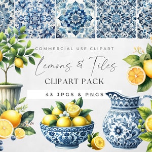 Clipart aquarelle de citronnier, carreaux et citrons Clip Art, carrelage méditerranéen, italien botanique agrumes d'été PNGs, papiers numériques JPG