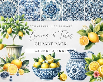 Lemon Tree Watercolor Clipart, Tiles and Lemons Clip Art, Mediterranean Tile, Italian Botanical Summer Citrus PNGs, Digital Papers JPGs