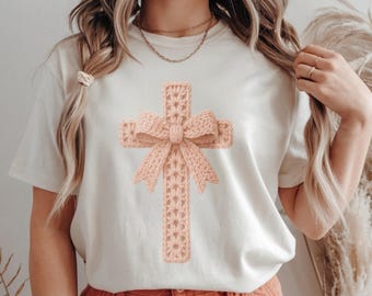 Crochet Cross with Bow PNG | Christian Easter Clipart | Faith Sublimation Design SVG