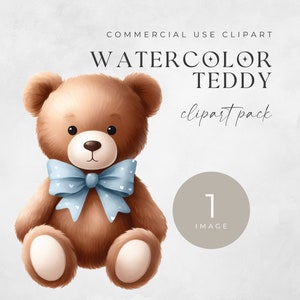 Clipart aquarelle ours en peluche, une seule image, pour un usage commercial, PNG transparents, baby shower avec noeud bleu, téléchargement numérique, art mural chambre d'enfant