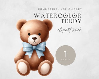 Clipart de acuarela de oso de peluche, IMAGEN ÚNICA, para uso comercial, PNG transparentes, baby shower con lazo azul, descarga digital, arte de pared de guardería