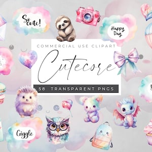 May include: A set of 58 digital clipart images in a cutecore style. The images include a sloth, a hot air balloon, a hedgehog, a dragon, an owl, a cupcake, a camera, a backpack, a milk carton, a macaron, a bow, and a heart. The images are all in pastel colors and have a whimsical feel.