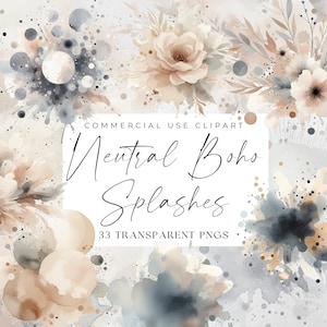 Clipart aquarelle neutre éclaboussures, éclaboussures minimalistes bohèmes, PNG abstrait, coups de pinceau, usage commercial, images de fond florales