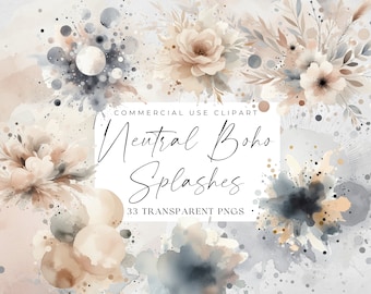 Neutral Watercolor Splatter Clipart, Boho Minimalist Splashes, Abstract PNG, Brush Strokes, Commercial Use, Floral Background Images