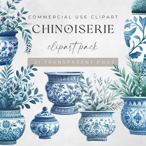 Chinoiserie vaas clipart, China patronen, chinoiserie vazen, blauwe en witte png, digitale download, commercieel gebruik, groen gevuld aardewerk