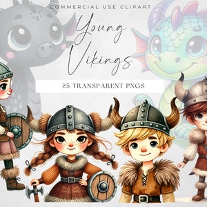 Imágenes prediseñadas vikingas, lindo conjunto nórdico adolescente, civilización antigua, PNG nórdicos, imágenes prediseñadas históricas de acuarela, dragones Valhalla, libro de chatarra