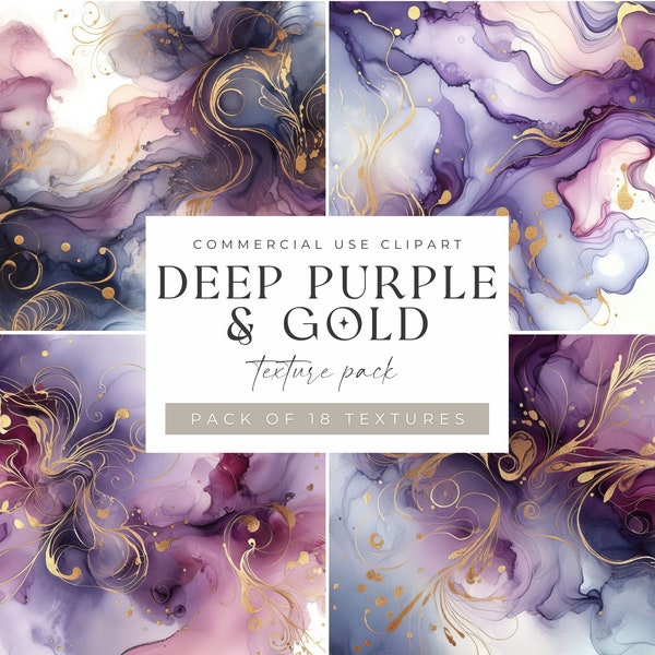 Alcohol Ink Texture Clipart, Purple & Gold Abstract Painting Clip Art, Digital Scrapbook Paper, Watercolor Textures, Liquid Ink Backgrounds