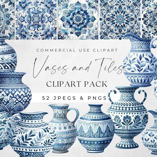 Chinoiserie Vase Clipart, vase bleu et blanc chic et carrelage, ensemble de clipart numérique, graphismes de poterie, vases à usage commercial, service à thé et pichet