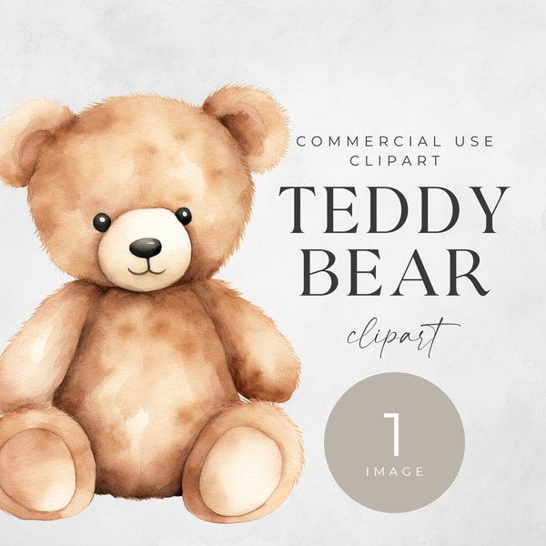 Teddy Bear Watercolor Clipart, SINGLE IMAGE, For Commercial Use, Transparent PNGs, Baby Shower, Digital Download, Nursery Wall Art