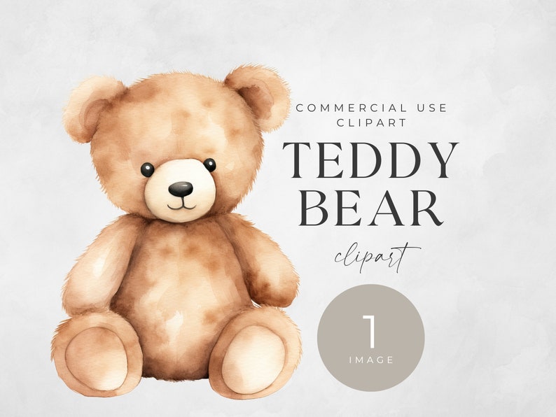 Teddy Bear Watercolor Clipart, SINGLE IMAGE, For Commercial Use, Transparent PNGs, Baby Shower, Digital Download, Nursery Wall Art image 1