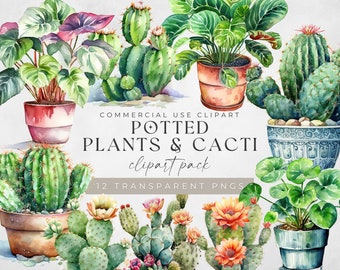 Watercolor Potted Plants Clipart: Greenery & Cactus PNG (Commercial Use)