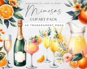 Mimosa Clipart, Watercolor Png Commercial Use Clip Art, Floral Oranges, Mama Needs a Mimosa, Cocktail Summer Drink Brunch Digital Download