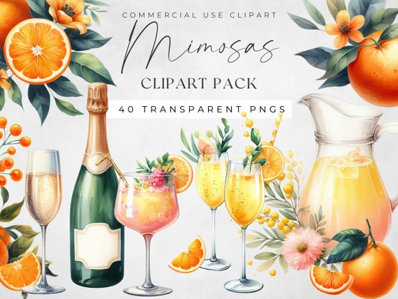 Mimosa Clipart, Watercolor Png Commercial Use Clip Art, Floral Oranges, Mama Needs a Mimosa, Cocktail Summer Drink Brunch Digital Download