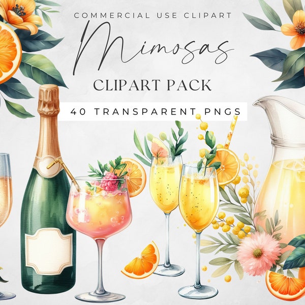 Mimosa Clipart, Watercolor Png Commercial Use Clip Art, Floral Oranges, Mama Needs a Mimosa, Cocktail Summer Drink Brunch Digital Download