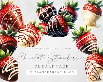 Fresas cubiertas de chocolate Clipart PNG, Descarga digital instantánea, Clip Art de fresa, Paquete de San Valentín, Conjunto de San Valentín, Blanco Oscuro