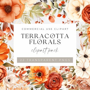 Terrakotta Blumen Clipart, Orange & Braun Herbst Blumen Clipart, Boho Botanische Clip Art, Herbst Blume, neutrale Blumensträuße, Hochzeit Bordüren