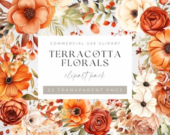 Terracotta Floral Clipart: Orange & Brown Autumn Flowers (PNG)