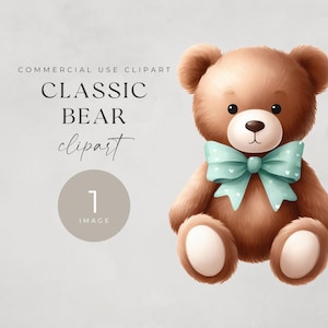 Teddy Bear Watercolor Clipart, SINGLE IMAGE, For Commercial Use, Transparent PNGs, Blue Bow Baby Shower, Digital Download, Nursery Wall Art