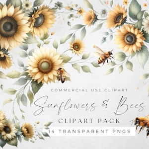 Honigbienen und Sonnenblumen Clipart, Blumenkranz, Aquarell Blumenrahmen, Hochzeitseinladungen, Sonnenblumenrand, Clip Art für kommerzielle Nutzung