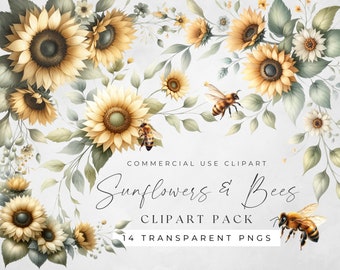 Honey Bees and Sunflowers Clipart, Flower Wreath, Watercolor Floral Frames, Wedding Invitations, Sunflower Border, Commercial Use Clip Art