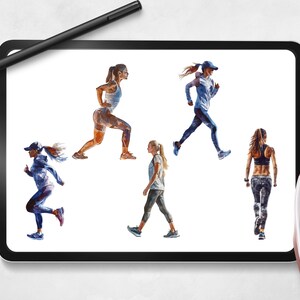 May include: Five women in various poses, wearing athletic clothing, are depicted in a digital illustration. The women are wearing a variety of colors, including blue, red, green, and white. The illustration is set against a white background.