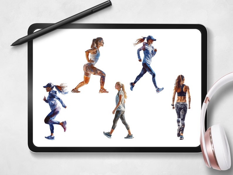 May include: Five women in various poses, wearing athletic clothing, are depicted in a digital illustration. The women are wearing a variety of colors, including blue, red, green, and white. The illustration is set against a white background.