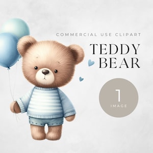 Teddy Bear Watercolor Clipart, SINGLE IMAGE, For Commercial Use, Transparent PNGs, Balloons Baby Shower, Digital Download, Nursery Wall Art