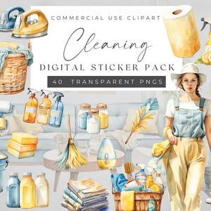 May include: A digital sticker pack with 40 transparent PNGs featuring watercolor illustrations of cleaning supplies, tools, and a woman in overalls. The pack includes items like a broom, a mop, a bucket, sponges, cleaning spray bottles, a toilet brush, a dustpan, a vacuum cleaner, and more. The text "Cleaning Digital Sticker Pack 40 Transparent PNGs" is displayed on a white background.