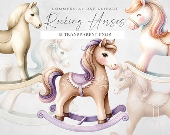 Rocking Horse Clipart, New Baby Clip Art, Boy Girl Neutral Horses Pngs, Vintage Toy Horse Bundle, For Commercial Use, Baby Shower Graphics