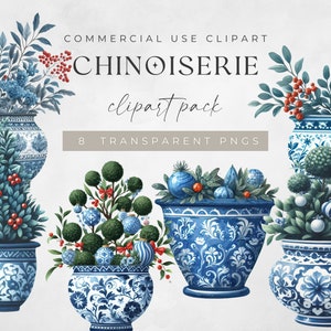 Chinoiserie Christmas Clipart, China Patterns, Instant Download, Christmas Clip Art, Blue and White Pattern, Topiary Vases, Commercial Use