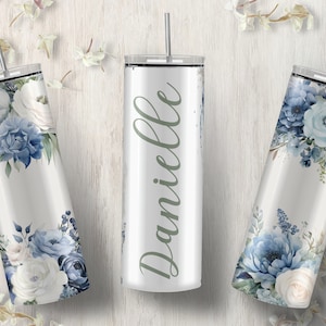 Sublimation verre de mariage conceptions demoiselle d'honneur avec nom, 20 oz droit personnalisable PNG, motif floral bleu indigo, mariée personnalisée bricolage